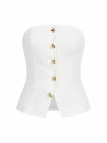 SHEIN x PRISCILA & JIMENA MOTF PREMIUM Top tubo sin tira con botón - Blanco - Ver 5