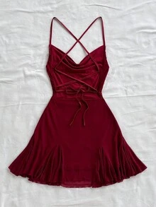 Soleia 大码女式度假细肩带迷你连衣裙，垂坠领口，露背，蝴蝶结，鱼尾，性感风格，迷你连衣裙，茶歇，购物，浪漫，约会，海滩装，网眼，年轻，少女 - 酒紅色 - 查看 6