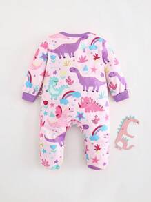 Cozy Pixies 新生女婴卡通动物恐龙彩虹象印花柔软针织连脚连体衣，紫色，长袖连体衣睡衣