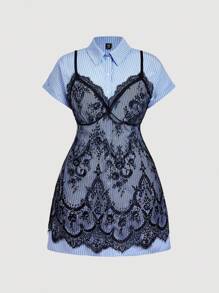 SHEIN MOD 2 件套加大码蓝白条纹衬衫和蕾丝吊带裙，温布尔登风格，温布尔登服装 - 彩色 - 查看 1