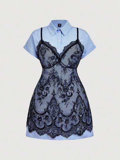 SHEIN MOD 2 件套加大码蓝白条纹衬衫和蕾丝吊带裙，温布尔登风格，温布尔登服装