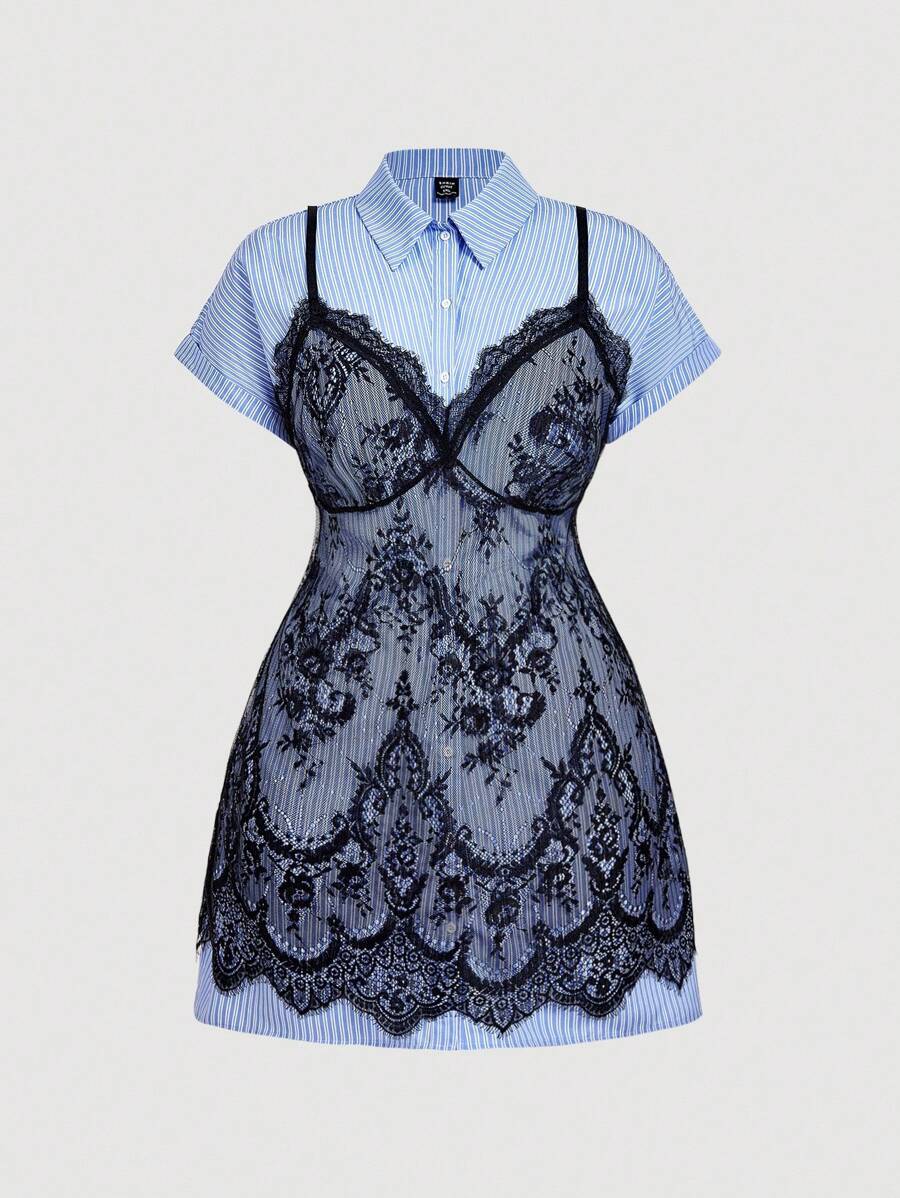 SHEIN MOD 2 件套加大码蓝白条纹衬衫和蕾丝吊带裙，温布尔登风格，温布尔登服装 - 彩色 - 查看 1