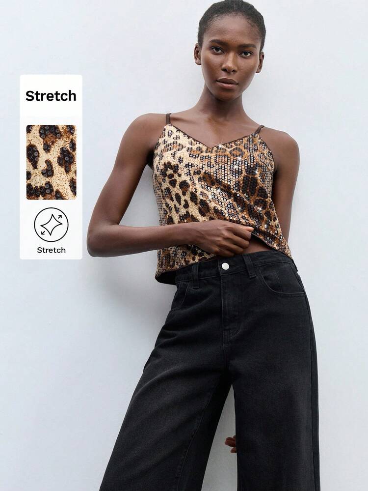 SHEIN Maija Women's Brown Leopard Print Knitted Top Casual Regular Length Spaghetti Strap Tank Top With Criss-Cross Detail