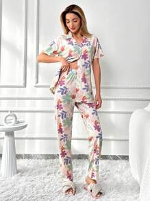 RueChic Cotton 2pcs/Set Women's Flowers Print Detail Homewear Lounge Set - Multicolor - View 3