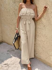 SHEIN Frenchy 女士度假休闲纯色荷叶边抹胸连体裤 - 杏色 - 查看 4