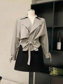 Franclia Abrigo largo de gabardina gris claro para mujer con solapa y cinturón, elegante y de moda para uso diario en otoño, casual para ir al trabajo, oficina y atuendo profesional de negocios - Albaricoque - Ver 8