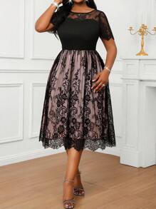 Fleurora Đầm ren chắp vá cổ tròn tay ngắn thanh lịch cỡ lớn, phù hợp cho trang phục du ngoạn mùa hè dành cho nữ, đầm trang trọng dành cho nữ - Bụi hồng - Xem 4