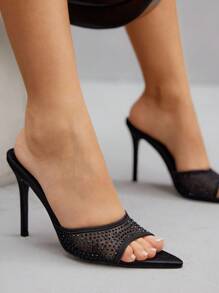 CUCCOO SZL Black Mesh Rhinestone Embellished High Heel Sandals For Christmas Spring Shoes Prom Heels Summer Shoes - Black - View 11