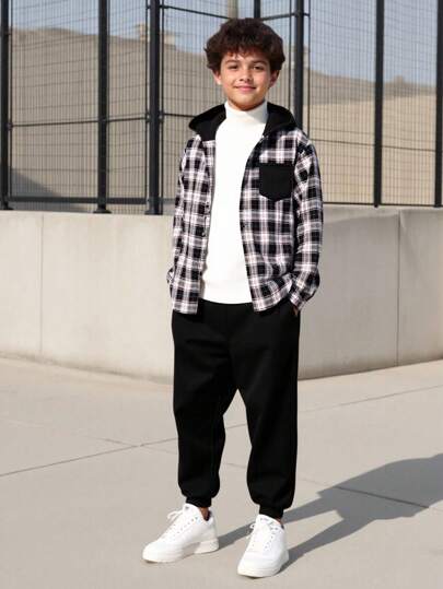 SHEIN 2 件装青少年男孩休闲运动学院撞色连帽长袖衬衫和裤子套装，带格子，适合儿童服装，幼儿男孩服装，返校男孩套装，适合生日派对、晚会、表演、婚礼、洗礼、开幕式，适合日常使用，适合上学，适合旅行，适合运动，适合春、秋、冬季