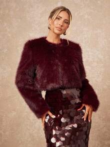 Lumalex 秋冬户外仿毛皮宽松直筒无领女式外套，舒适奢华，适合舞会、聚会等场合 - 酒紅色 - 查看 2