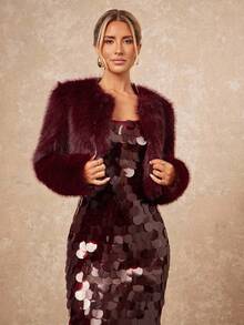 Lumalex 秋冬户外仿毛皮宽松直筒无领女式外套，舒适奢华，适合舞会、聚会等场合 - 酒紅色 - 查看 9