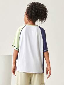 JNSQ Back To School Outdoor Sports Short Sleeve T-Shirt, Tween Girl Crew Neck Patchwork Contrast Color Funny Letter Print Sports Tee - Multicolor - View 2