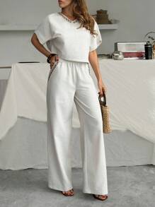 EURMUSE 女士民族风亚麻衬衫和裤子两件套