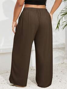 SHEIN Essnce 大码女式灰色米色宽松休闲简约阔腿裤，时尚百搭，春夏秋冬 - 摩卡棕 - 查看 2