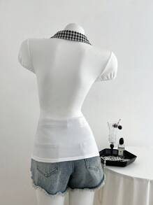 Elamini Retro Chic Checkered Patchwork Polo Collar Short Sleeve Bodycon T-Shirt, Summer - White - View 2