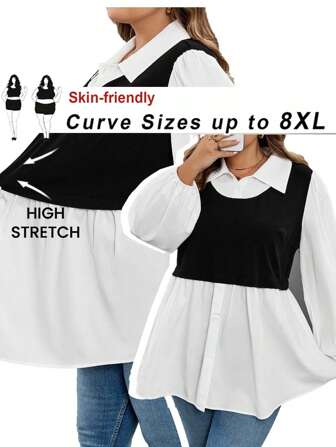 SHEIN CURVE+ 大码休闲拼色灯笼袖二合一衬衫女秋装，冬季，CURVE PLUS
