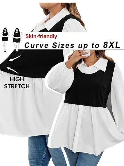 SHEIN CURVE+ 大码休闲拼色灯笼袖二合一衬衫女秋装，冬季，CURVE PLUS