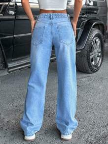 RueChic 100% Cotton BUTTON ON SIDE MID RISE STRAIGHT CUT WOMEN JEAN - Medium Wash - View 2