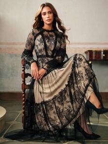 Anewsta 秋冬女士圆领蕾丝荷叶边拼接束腰喇叭下摆连衣裙 - 黑色 - 查看 6