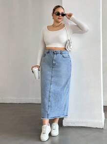 EURMUSE HIGH RISE MAXI DENIM SKIRT WITH SLIT - Medium Wash - View 4