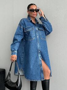 EURMUSE 100%纯棉衬衫牛仔连衣裙，大码 - 中等水洗藍 - 查看 5