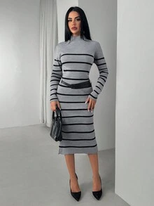 EURMUSE Vestido de punto acanalado con cinturón y rayas horizontales negras con CINTURÓN - Gris - Ver 2