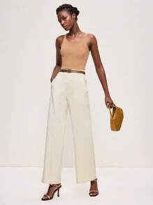 BizChic Quần ống rộng màu be túi bên hông thời trang thu đông 2025 dành cho nữ, sang trọng và thanh lịch cho trang phục thường ngày ở thành thị, công sở, hẹn hò, tiệc tùng, đi chơi, sân bay, lễ hội nhạc đồng quê lãng mạn, phong cách Hàn Quốc cổ điển, sân bay, khách dự tiệc cưới, sinh nhật, halloween, giáng sinh - Màu Khaki - Xem 3