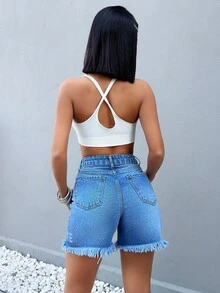 EURMUSE 女式字母图案口袋做旧下摆休闲牛仔短裤 - 中等水洗藍 - 查看 2