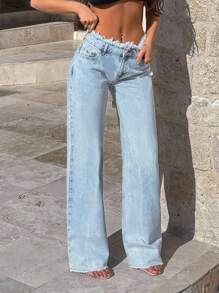 EURMUSE 100%Cotton Rigid, Belt Detailed Wideleg Fit - Light Wash - View 6