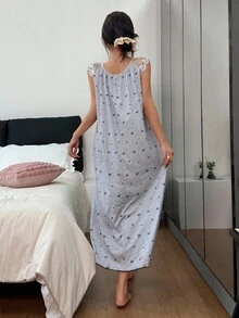 SHEIN Holidayseason 對比色蕾絲飾邊拼接蝴蝶結印花女款睡裙睡衣長裙 女用睡裙睡衣女裝 - 灰色 - 查看 4