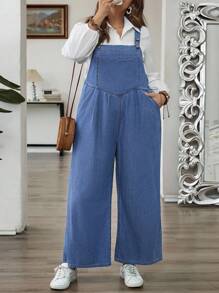 SHEIN CURVE+ 大码女式褶皱阔腿宽松休闲牛仔连体裤 - 藍色 - 查看 4