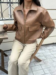 Siren Gaze Chic Brown PU Jacket For Women, 2025 New Fall Winter Clothes, Old Money Style Loose Fit Zip - Up With Patch Pockets, Elegant Casual Wear For Party/Commuting/Street Outfits, Must - Have Winter Jackets