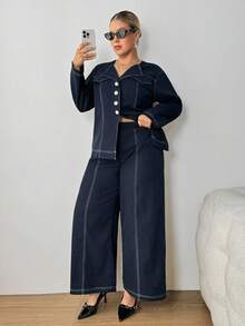 SHEIN PETITE CURVE 加大码女式休闲拼色外缝衬衫和裤子套装，秋季两件套小码裤装女式两件套裤子套装小码曲线两件套曲线小码服装套装加大码小码两件套 - 藏蓝色 - 查看 8