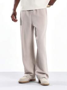 SUMWON Quần dài ống rộng vải chéo cao cấp, cạp chun thoải mái, chất lượng cao, mặc nhà, mặc mùa thu đông, mặc thường ngày, quần rộng rãi, thoải mái - Màu be - Xem 5