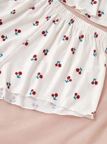 CottageSlumber 蕾丝拼布深V领樱花吊带背心和短裤睡衣套装夏季睡衣樱花睡衣套装两件套睡衣套装女士夏季睡衣套装女士睡衣 - 彩色 - 查看 5