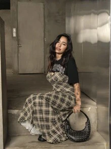 ROMWE Fairycore Vestido de tirantes con estampado de cuadros - Verde - Ver 2