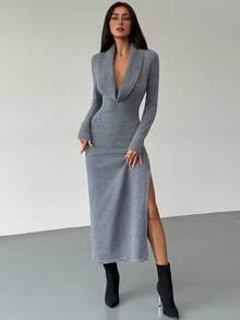 Aloruh Vestido de suéter de punto con cuello alto, manga larga, ajustado y con abertura alta, minimalista, versátil para capas, apto para otoño/invierno - Gris Oscuro - Ver 2