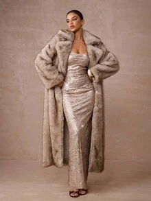 Lumalex Vestido de sirena con textura ondulada de lentejuelas para mujer, necesario para fiestas de otoño e invierno, elegante, glamoroso, de nuevo estilo, de lujo, para fiestas, reuniones, banquetes, modestos, de brillo, para fiestas, festivales, vacaciones, bodas, Eid Al-Adha, Año Nuevo, con decoración perlada, en color champán y dorado - Caqui - Ver 8