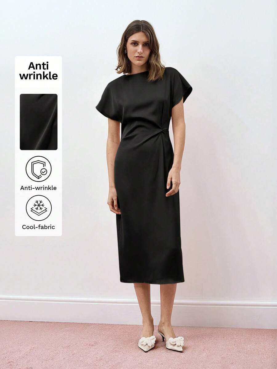 Maija 女式纯色圆领短袖休闲收腰中长连衣裙，节日装商务休闲缎面吊带裙，优雅女士连衣裙 - 黑色 - 查看 1