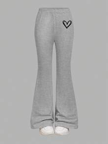 SHEIN Girlism 2件套少女休闲运动修身喇叭裤，黑色+浅灰色爱心印花，黑白撞色时尚，适合秋冬季节。 - 彩色 - 查看 4