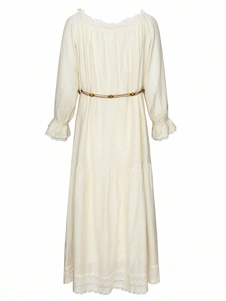 Women's Summer Ruffle Off Shoulder Beaded Tie Waist Lace Trim Midi Dress, Resort Style Linen
