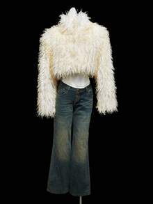 SHEIN ICON Women's Faux Fur Cropped Jacket In Pale Yellow, Fashionable, Sexy, Minimalist, Cute, Retro Style For Autumn/Winter Faux Fur Coat Faux Fur Jacket Cropped Fur Jacket Shrug Halloween Party - Yellow - View 5