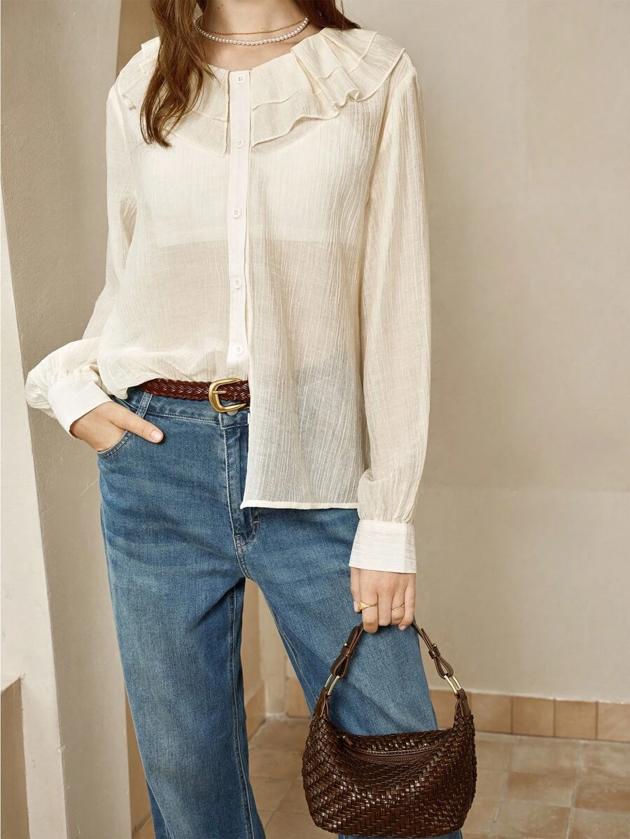 INAWLY Women's Apricot Double Ruffle Hem Long Sleeve Blouse Fall Cloth For Women - Apricot - View 1