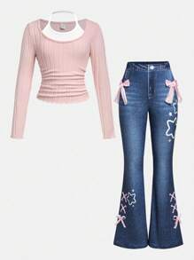 SHEIN Sweetra Young Tween Girls Denim Effect Print Knit Butterfly Decor Flared Pants & Sleeveless Halter Top, Youth Casual 2 Pieces Set