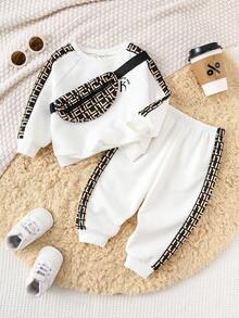 TaviRue 3pcs/Set Baby Boy Contrast Color Patchwork Crew Neck Sweatshirt, Sweatpants And Crossbody Bag Set Baby Boy Outfit Set Baby Boy Casual Set Baby Boy Streetwear Baby Boy Tracksuit Fall Winter