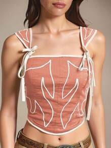 WESTFADE 纳什维尔牛仔女郎西部刺绣方领可爱蝴蝶结肩带褶饰后背修身短款夏季牛仔竞技背心 - 粉色 - 查看 5