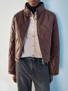 Maija Áo khoác chần bông cổ đứng tay dài màu trơn dành cho nữ Áo khoác ngắn màu nâu Áo khoác màu nâu cho mùa thu/đông - Cà phê nâu - Xem 1