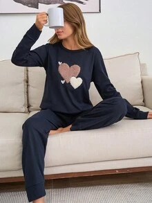 EURMUSE 2pcs Contrast Colour Heart Embroidery Detail Homewear PJ Set - Navy Blue - View 4