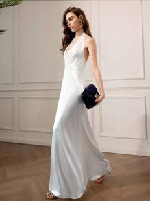 Briarwyn Vestido elegante de unicolor sin espalda con cuello halter, ropa de otoño, estilo de mujer de dinero antiguo, atuendo de fiesta todo blanco para mujer, atuendo de cita nocturna para mujer, atuendo de vacaciones para mujer, vestido de invitada de boda para mujer, vestidos de fiesta para mujer. - Blanco - Ver 2