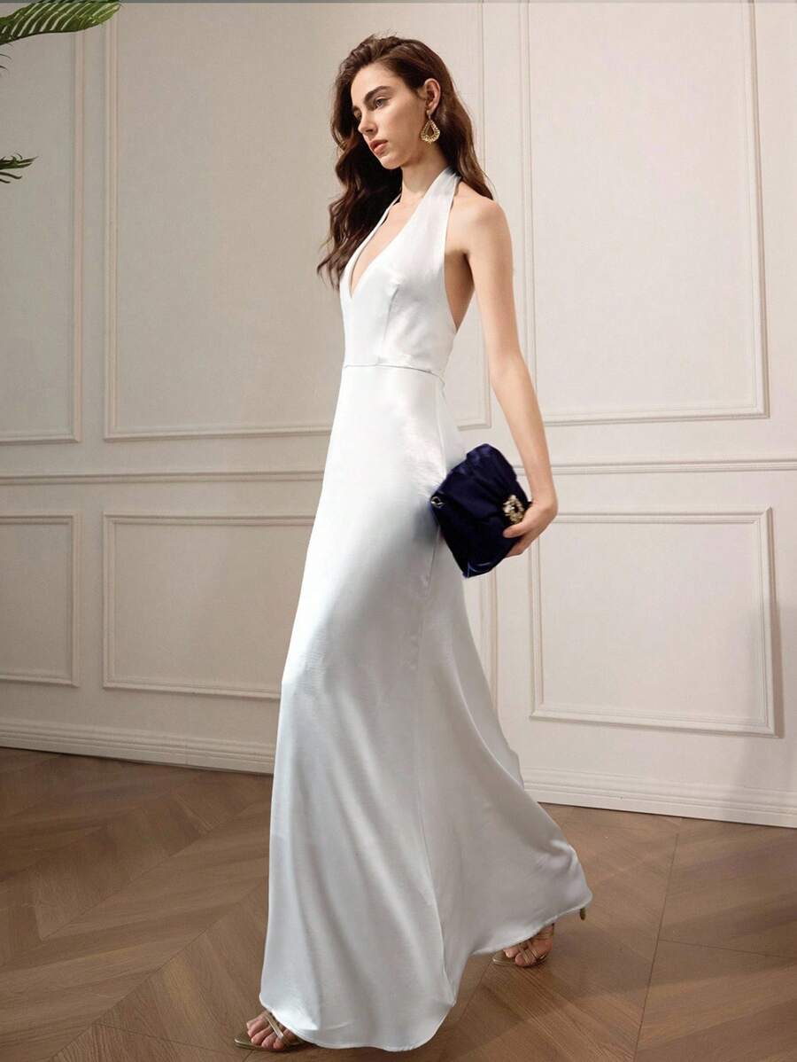 Briarwyn Vestido elegante de unicolor sin espalda con cuello halter, ropa de otoño, estilo de mujer de dinero antiguo, atuendo de fiesta todo blanco para mujer, atuendo de cita nocturna para mujer, atuendo de vacaciones para mujer, vestido de invitada de boda para mujer, vestidos de fiesta para mujer.